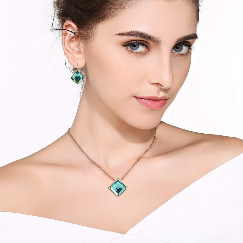 EVEVIC Square Austrian Crystal Necklace Earrings Set for Women 18K Gold Plated Jewelry Set (Teal Green) - Image 2